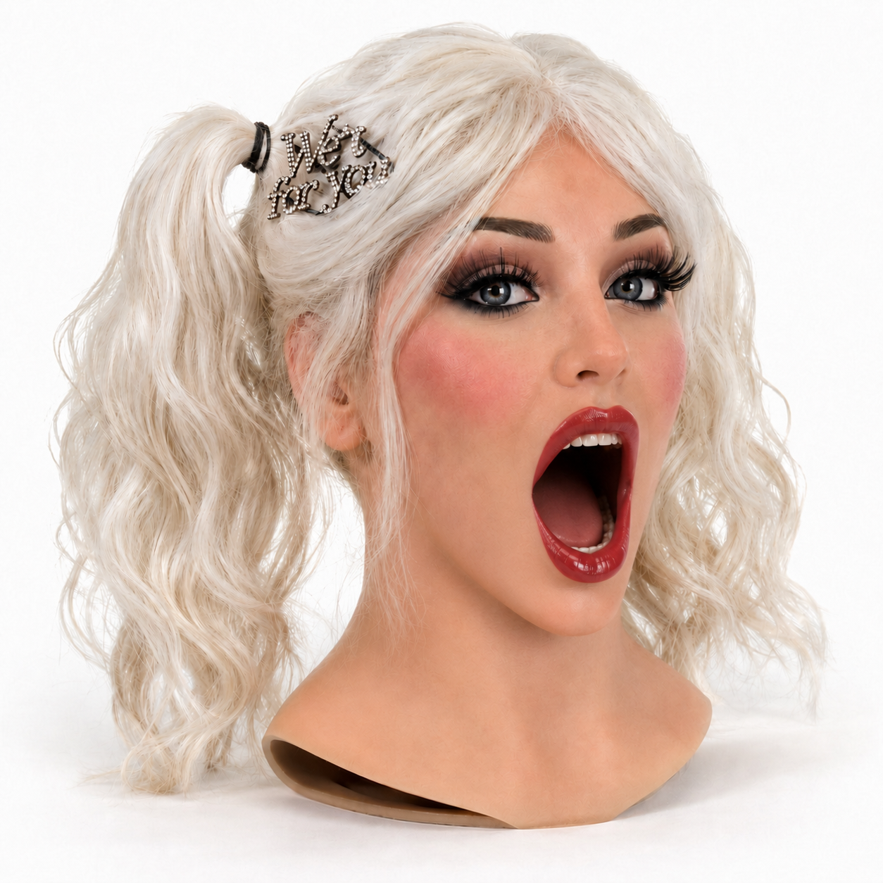 Samantha doll head, three-quarter view, mouth agape, mid-quip